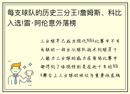 每支球队的历史三分王!詹姆斯、科比入选!雷·阿伦意外落榜