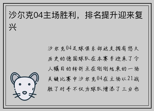 沙尔克04主场胜利，排名提升迎来复兴
